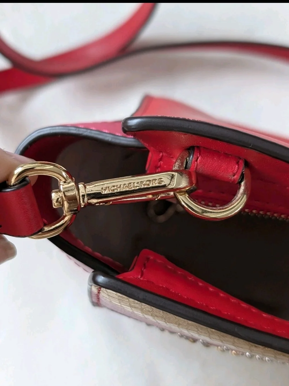Michael Kors Red Shoulder Bag Star Studded Metallic Crystal Zip Gold Hardware